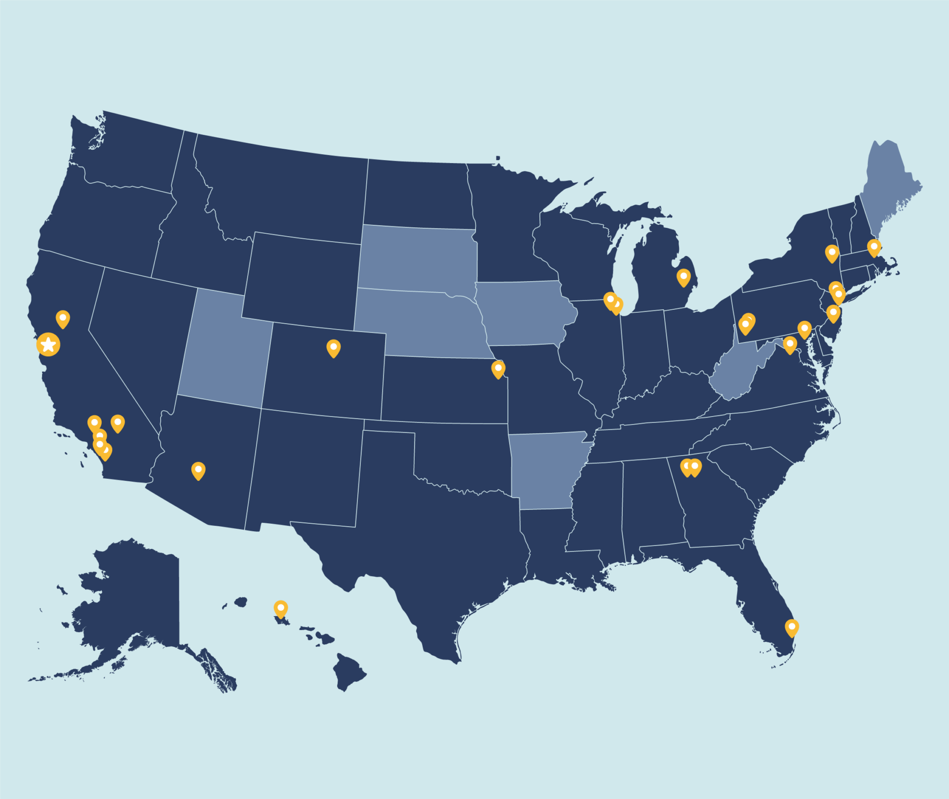 Map of the USA showing the combined states where OPTERRA and NORESCO operate and have offices.